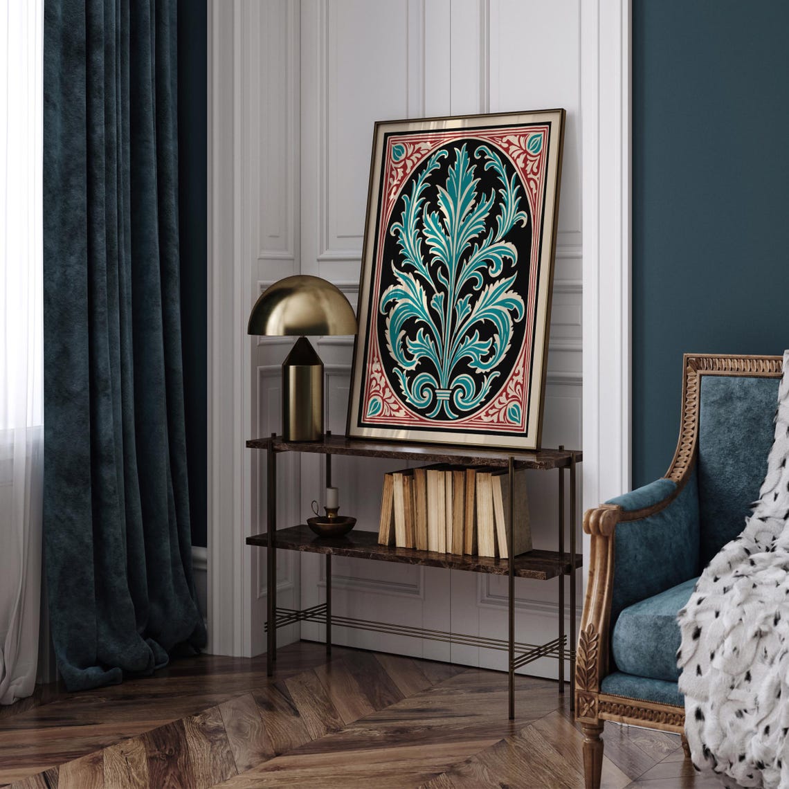Teal Acanthus Leaf on Black With Red Ornament Border Vintage Poster - Image 5
