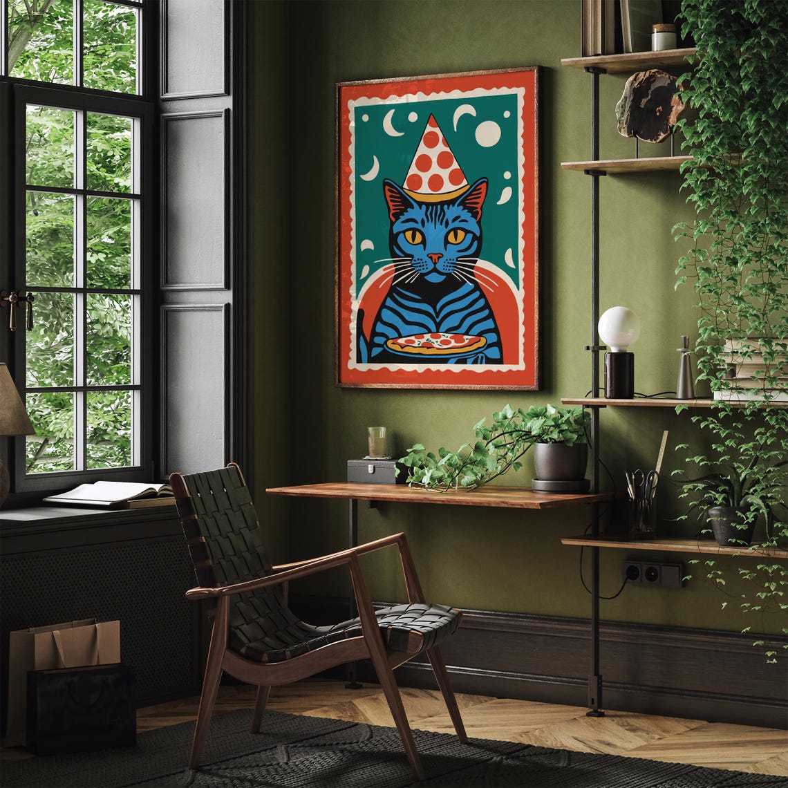 Blue Cat Pizza Party Hat Retro Pop Art Funny Animal Art Print - Image 3