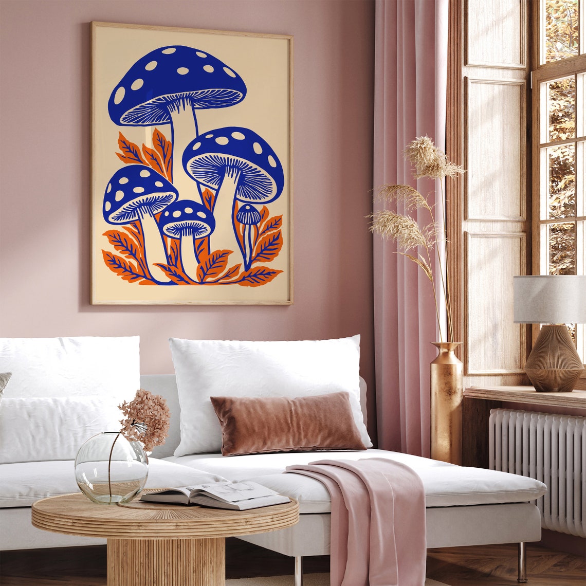 Blue Polka Dot Mushrooms Orange Leaves Retro Botanical Art Poster - Image 4