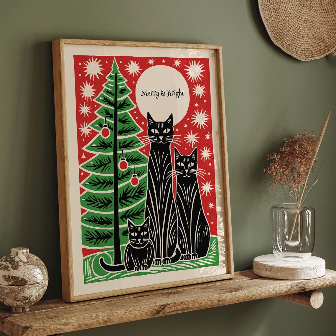 Merry and Bright Christmas Cat Poster with Black Cats and Tree