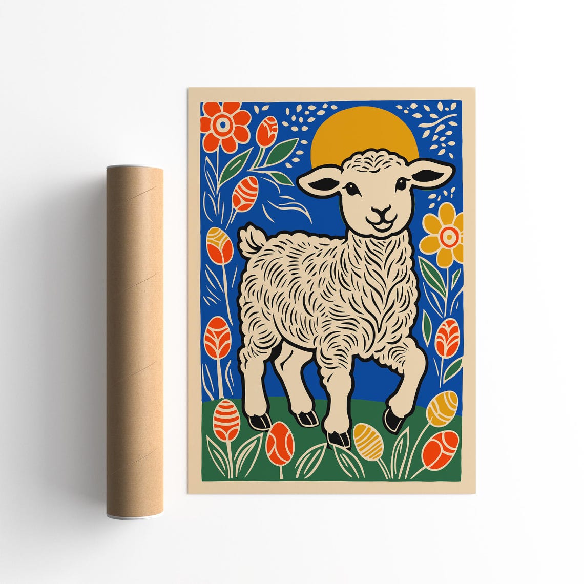 Folk Art Easter Lamb Poster With Colorful Eggs And Spring Flowers
