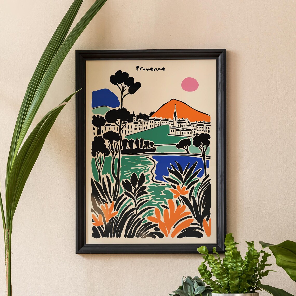 Provence Lakeside Town Poster With Church in Green Orange and Blue