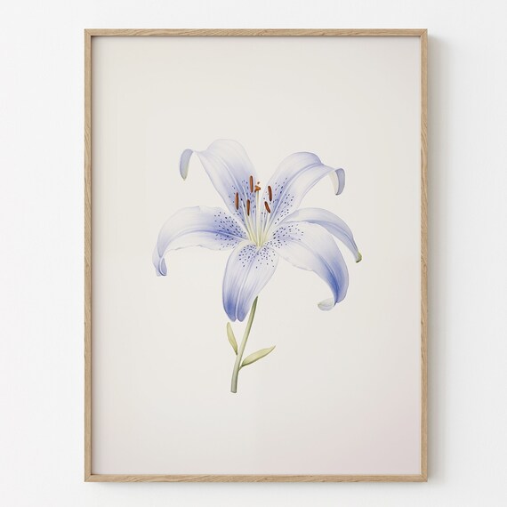 Blue Lily Botanical Watercolor Minimalist Spring Flower Wall Art
