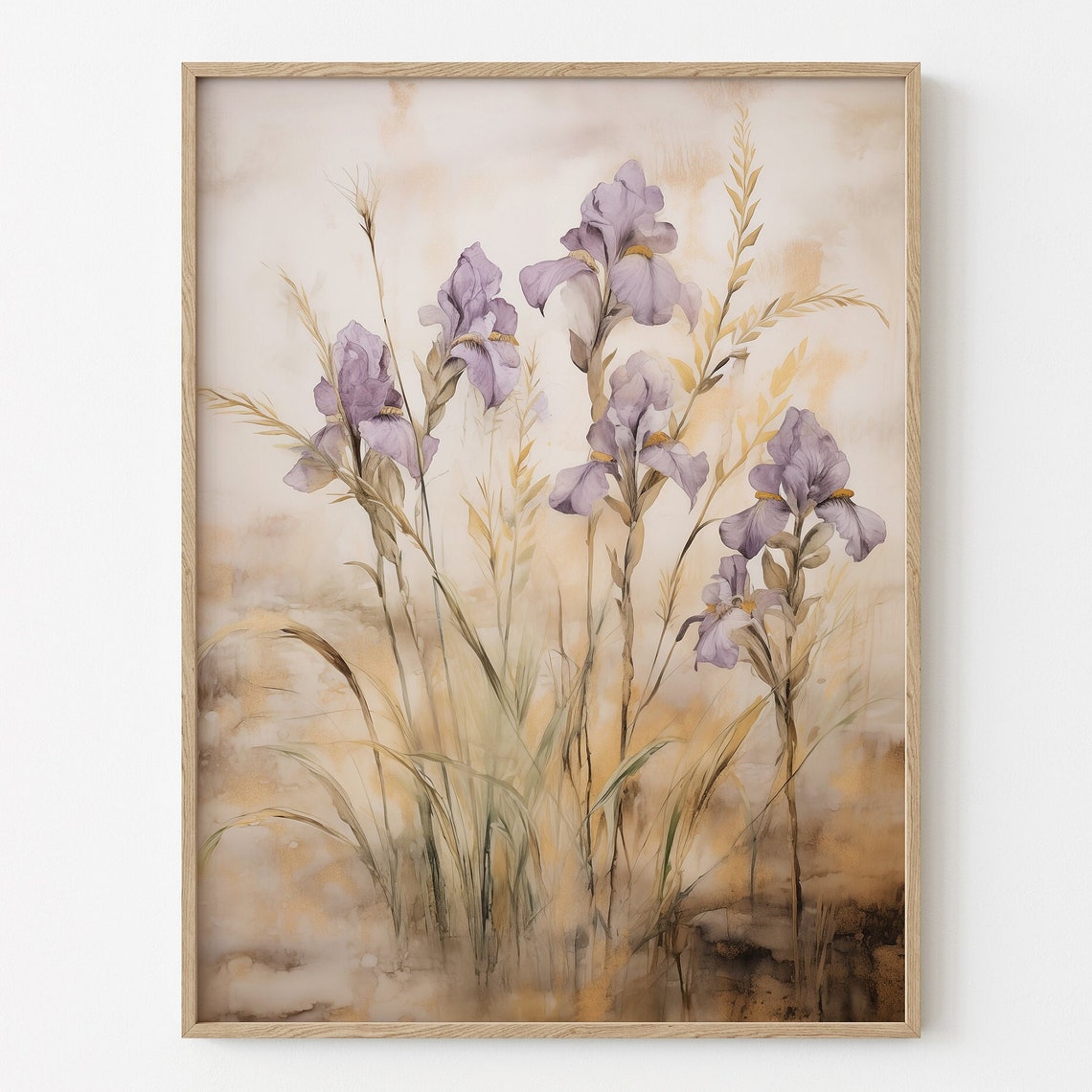 Purple Iris Wildflowers Golden Grass Boho Watercolor Floral Poster