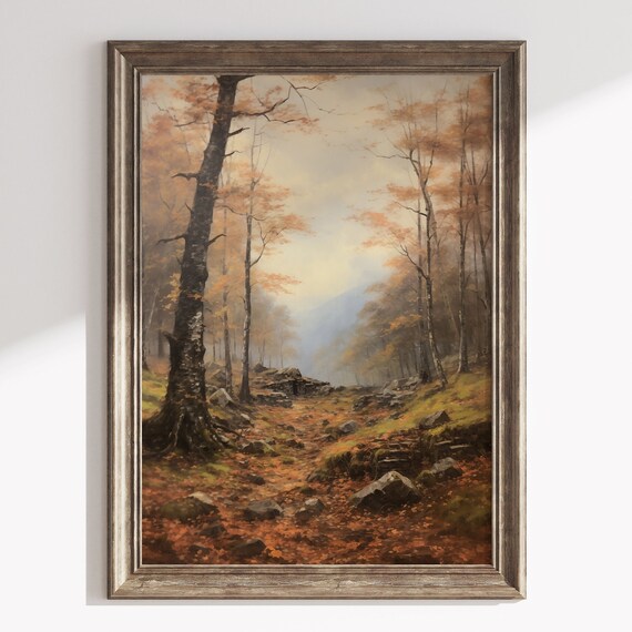 Autumn Forest Stone Ruins Birch Trees Vintage Woodland Wall Art