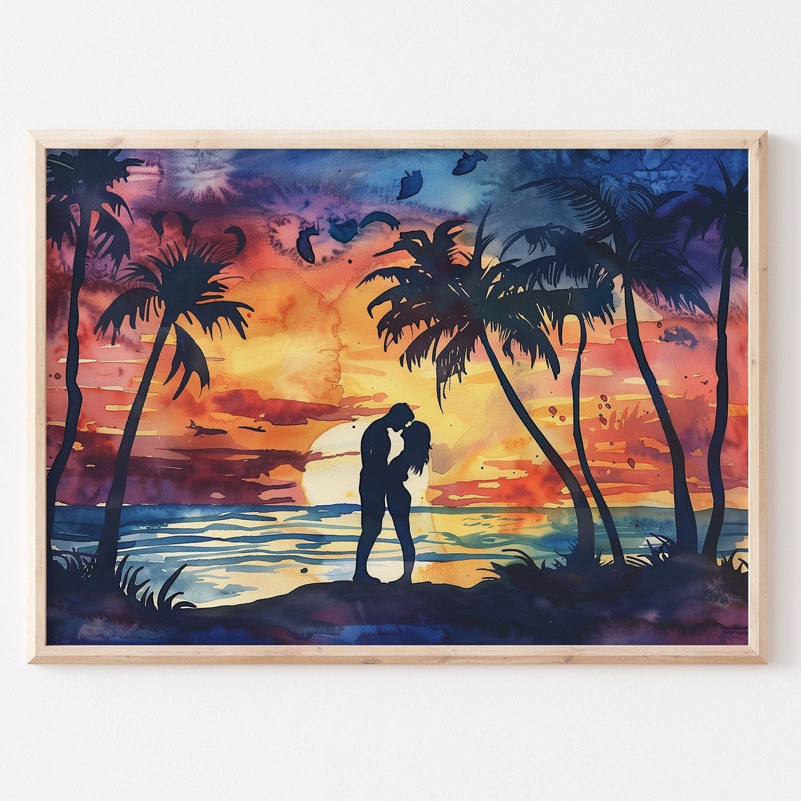 Romantic Sunset Beach Kiss Couple Silhouette Palm Trees Art Poster