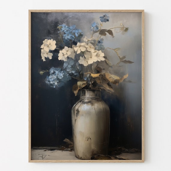 Moody Blue Flower Print, Dark Floral Oil Painting
