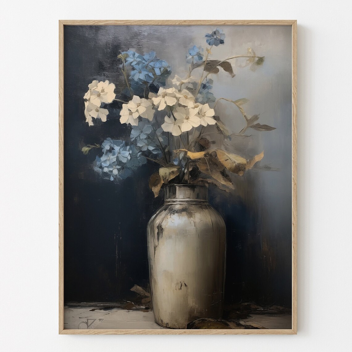 Moody Blue Flower Print, Dark Floral Oil Painting