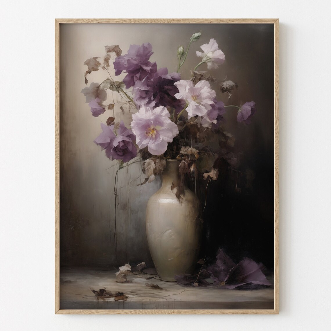 Purple Roses in Ceramic Vase Moody Floral Still Life Wall Art