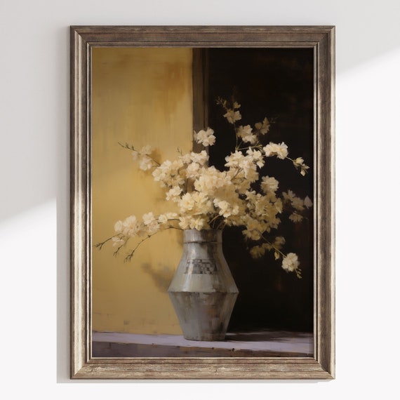 Moody Yellow Flower Print Vintage Dark Floral Oil Painting Antique Art Dark Academia Art Romantic Floral Decor