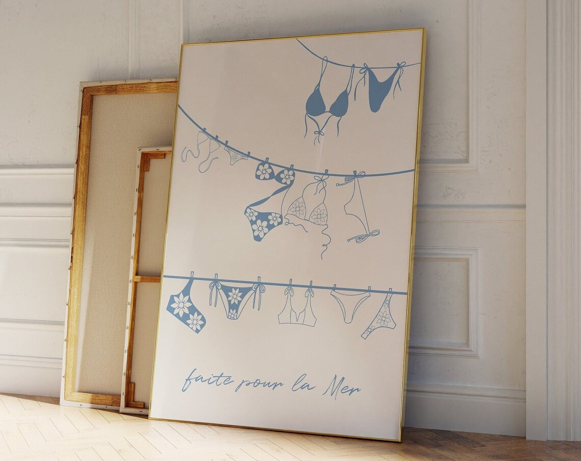 Faite Pour La Mer Blue Bikini Clothesline Coastal Style Poster