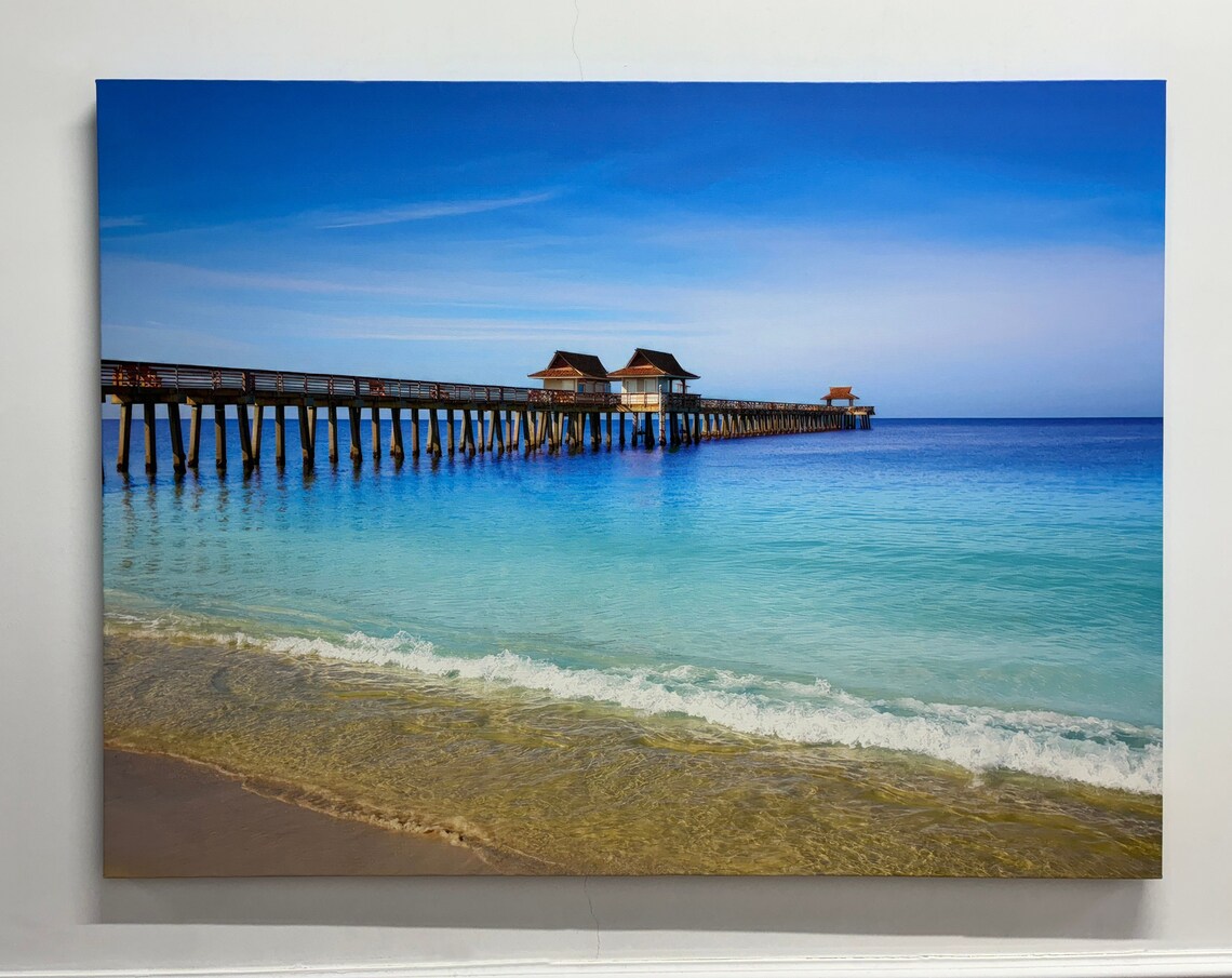 Wooden Fishing Pier Over Turquoise Ocean Sunny Coastal Poster