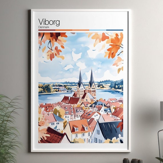 Viborg Print Soft Colors Travel Poster Colourful Wall Art Denmark City Decor For