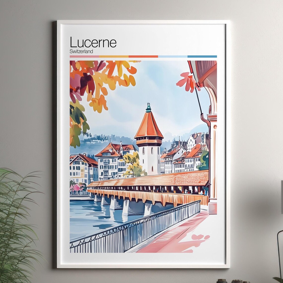 Lucerne Switzerland Chapel Bridge Watercolor Old Town Travel Poster