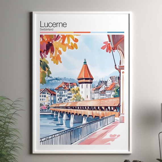 Lucerne Print Soft Colors Travel Poster Colourful Wall Art Switzerland City Decor For