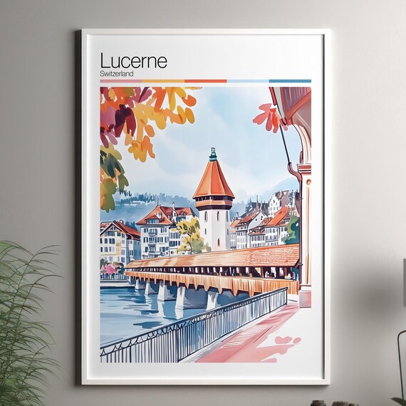 Lucerne Switzerland Chapel Bridge Watercolor Old Town Travel Poster