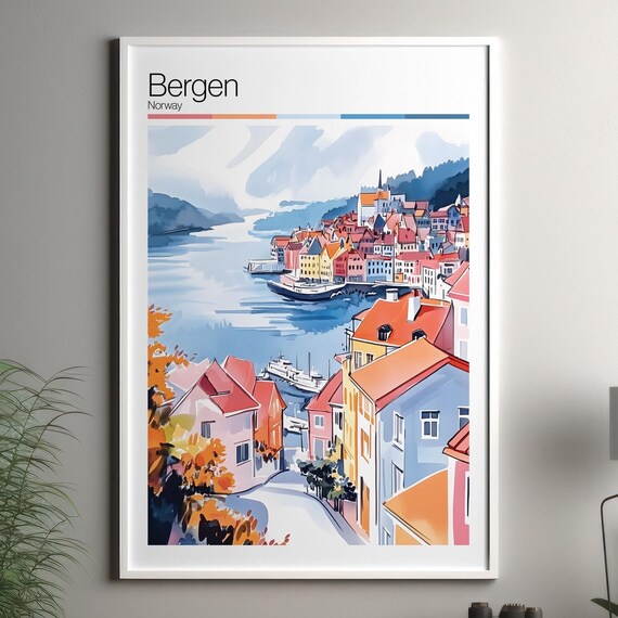 Bergen Norway Colorful Harbor Waterfront Fjord Travel Art Poster