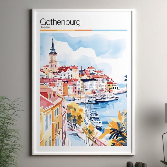 Gothenburg Sweden Harbor Old Town Watercolor Travel Art Poster