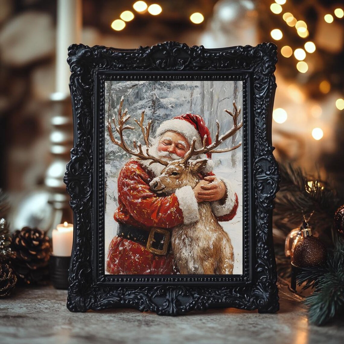 Santa Claus Hugging Reindeer Snowy Forest Vintage Christmas Art Poster - Image 3