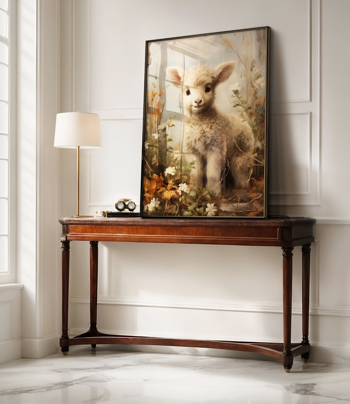 Smiling Lamb In Autumn Flower Meadow Rustic Easter Nursery Print - Image 3
