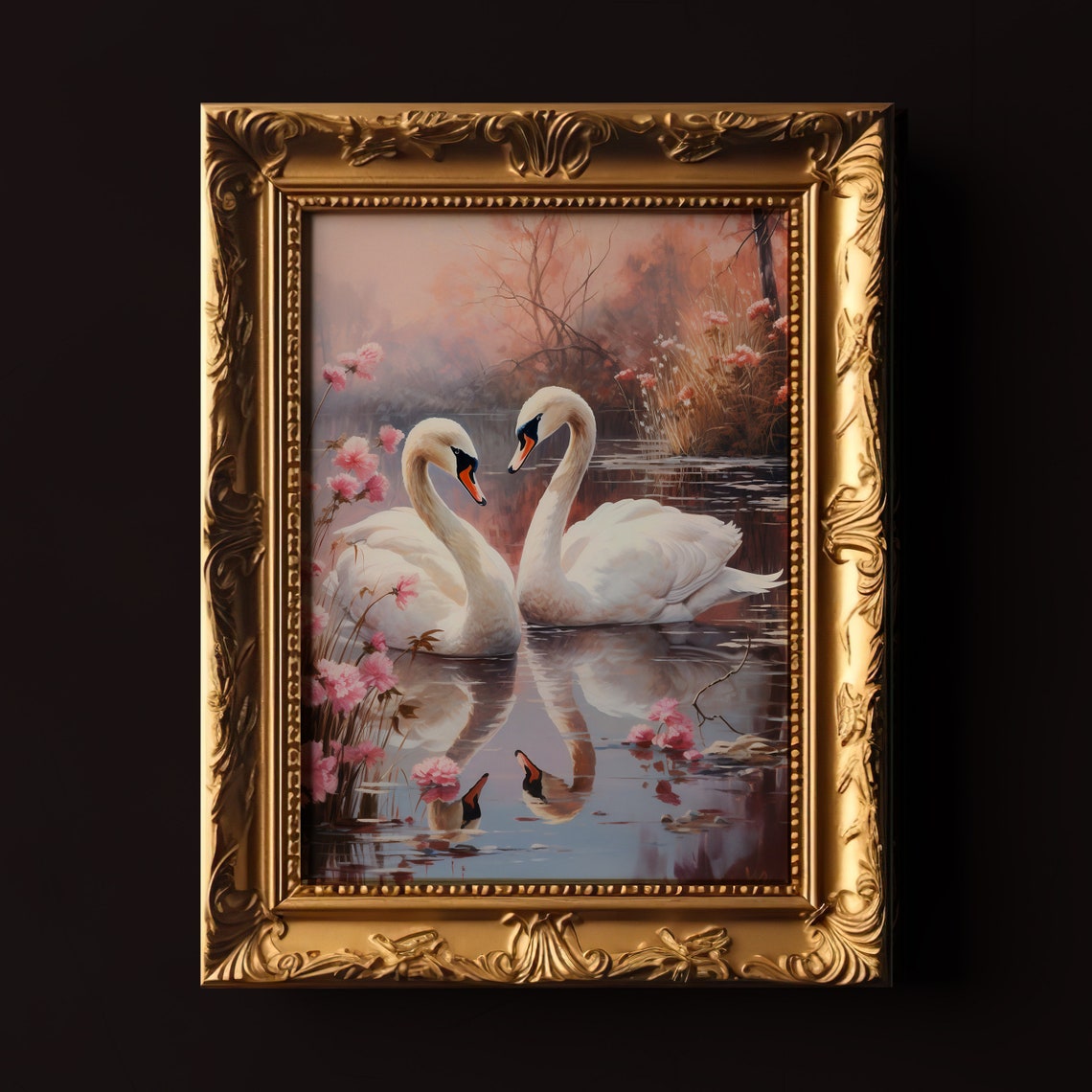Swan Couple Gliding Pink Blossom Lake Romantic Vintage Bird Print