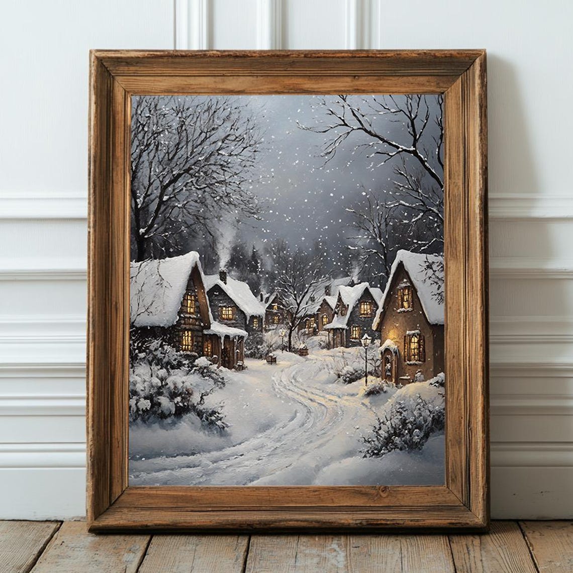 Snowy Village Cottages Glowing Windows Cozy Winter Night Print - Image 2