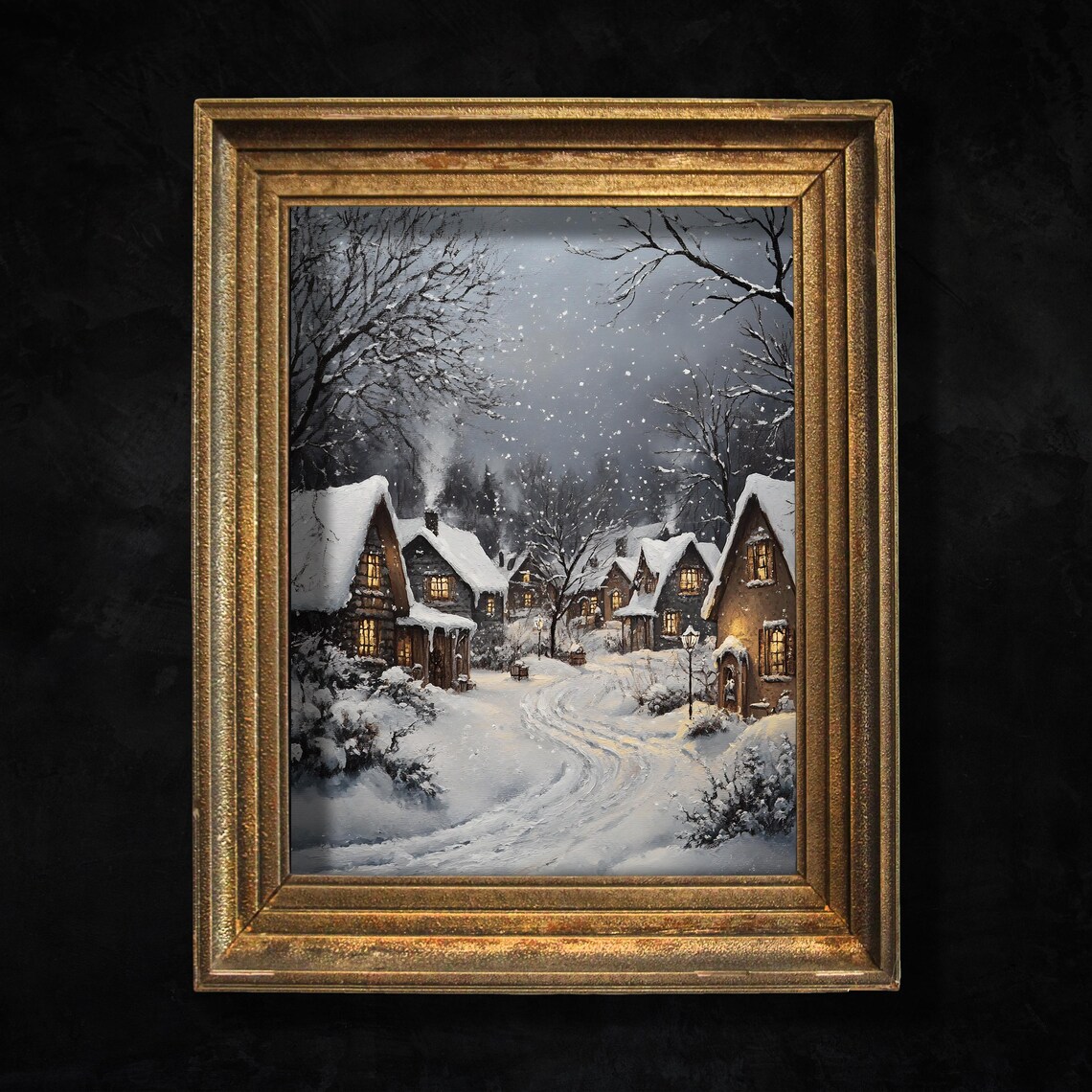 Snowy Village Cottages Glowing Windows Cozy Winter Night Print