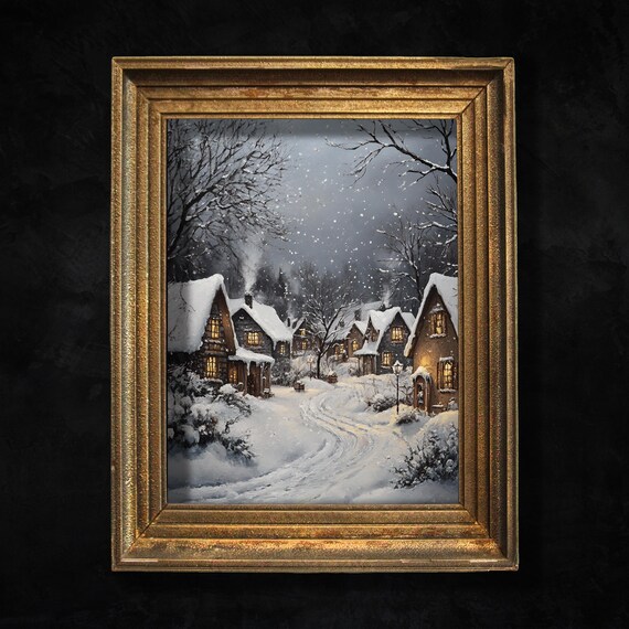Moody Christmas Village Wall Art Snowy Winter Town Print Cozy Vintage Holiday Decor