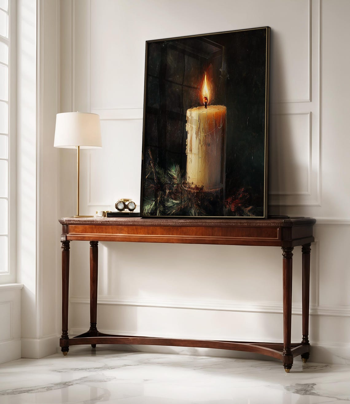 Glowing Candle In Darkness Vintage Still Life Warm Light Print - Image 2