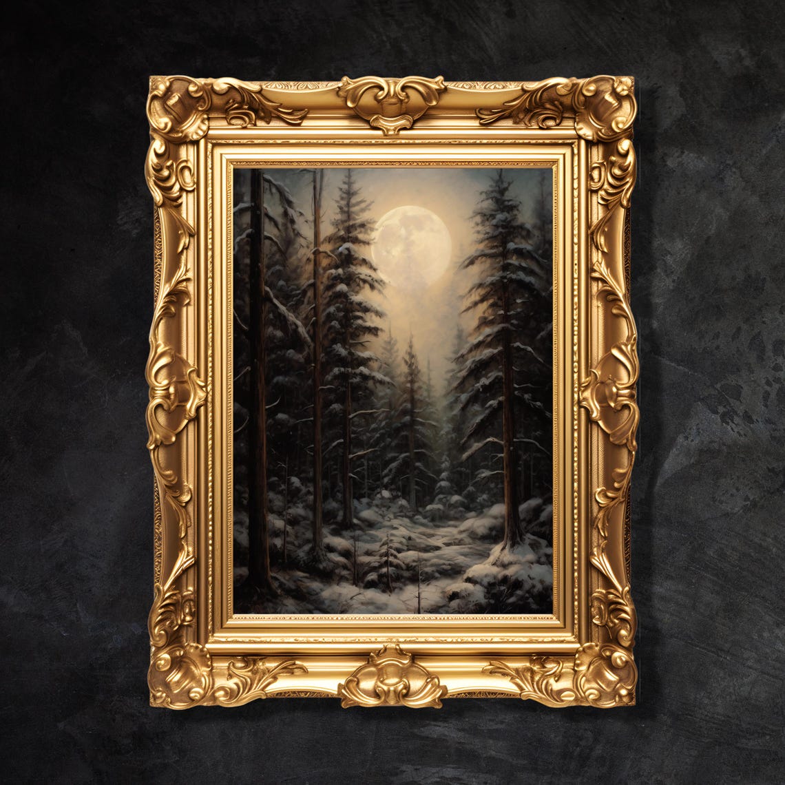 Snowy Pine Forest Under Full Moon Moody Winter Landscape Poster