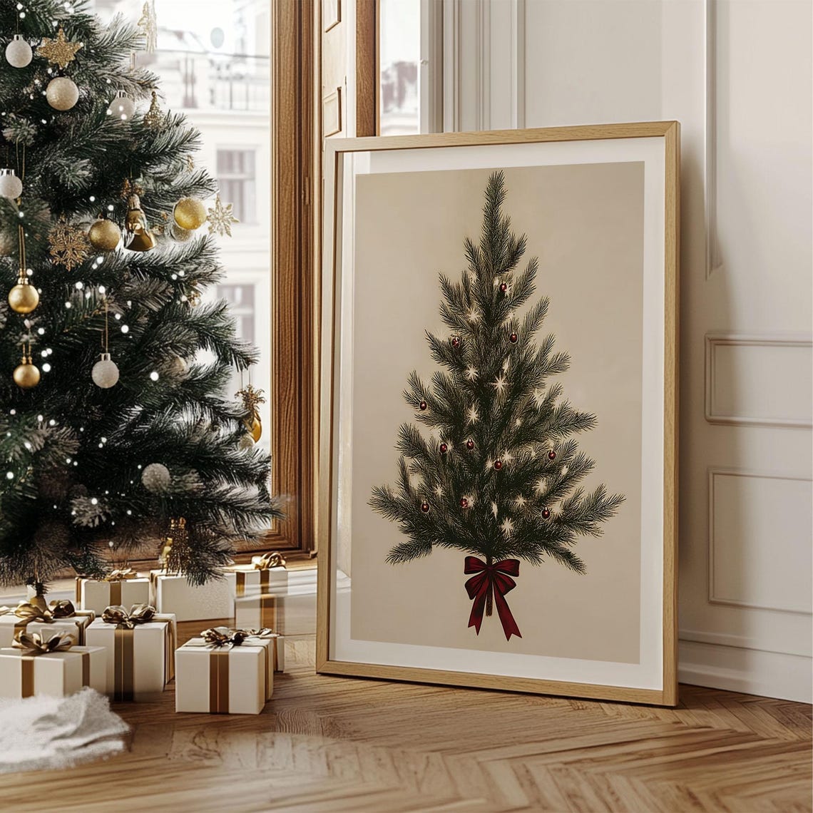 Sparse Minimalist Christmas Tree with Lights and Red Bow Poster - Image 2