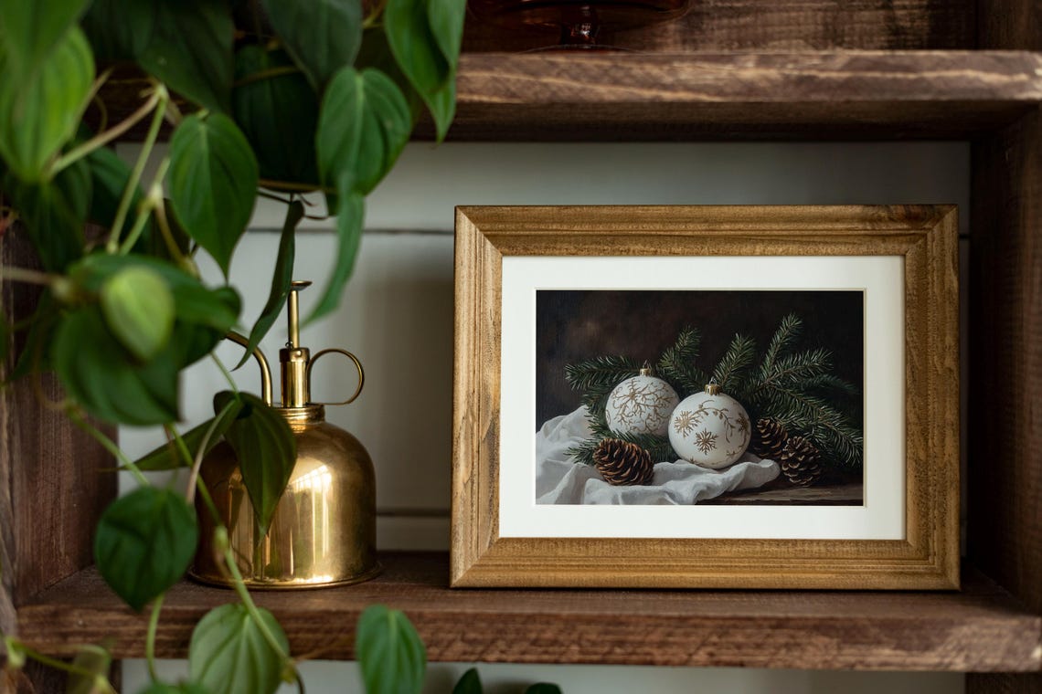 White Gold Christmas Ornaments Pinecones Rustic Still Life Poster - Image 3