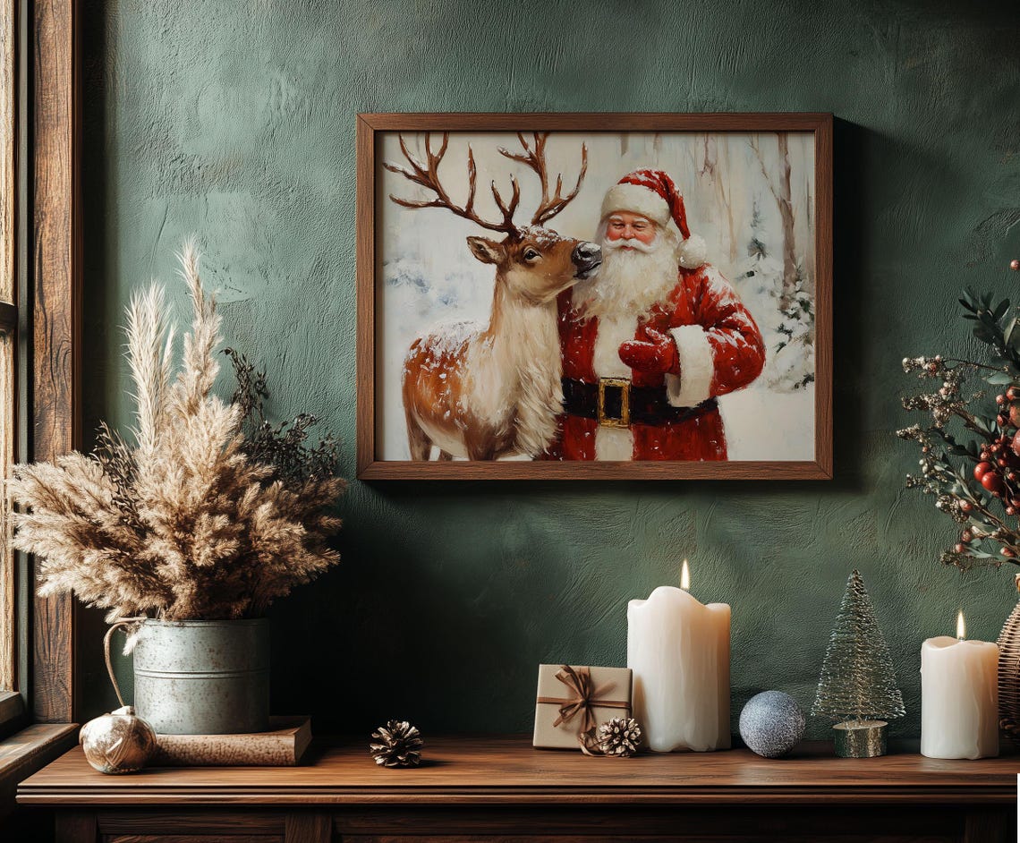 Santa Claus with Reindeer Nuzzling in Snowy Woods Christmas Poster - Image 6