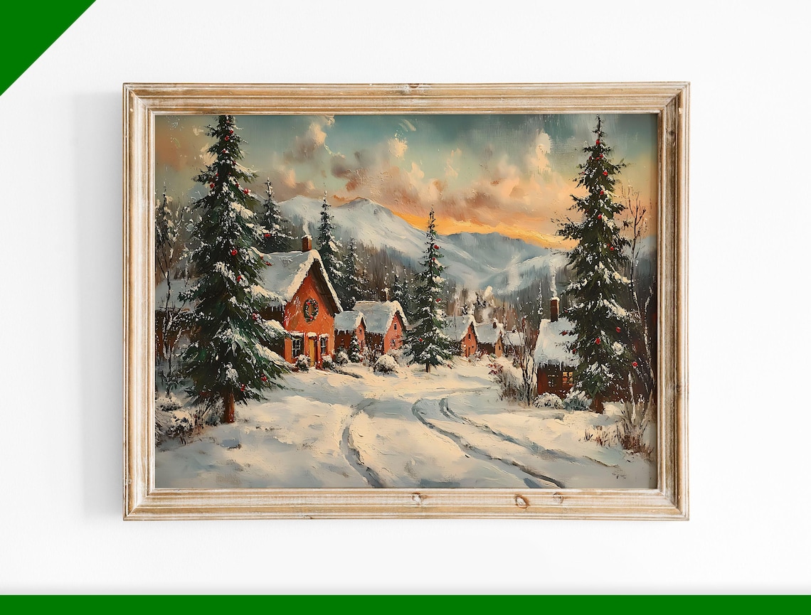 Red Christmas Cabin Sunset Mountain Pines Holiday Oil Painting Poster