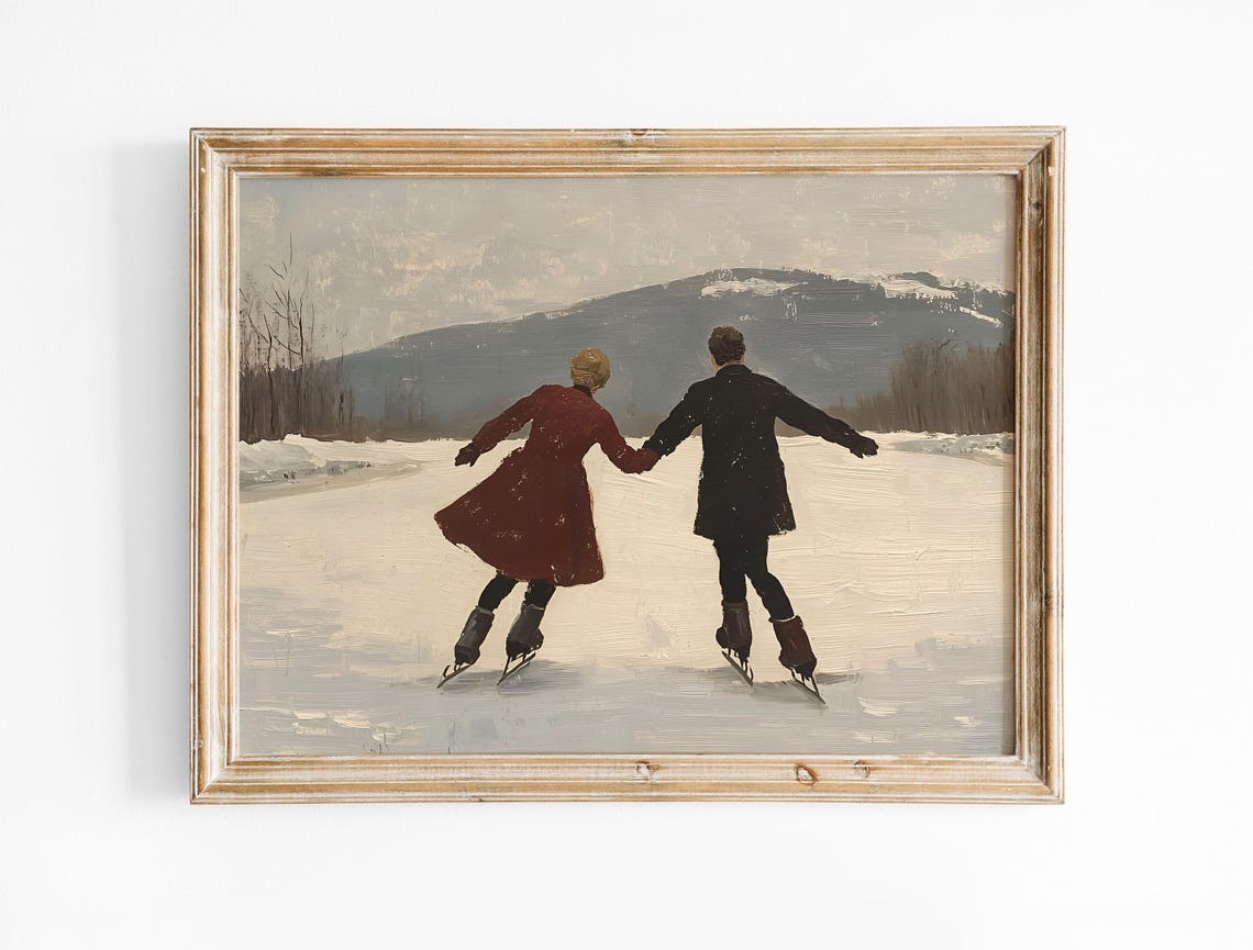 Romantic Couple Ice Skating Vintage Winter Mountain Landscape Poster - Image 2