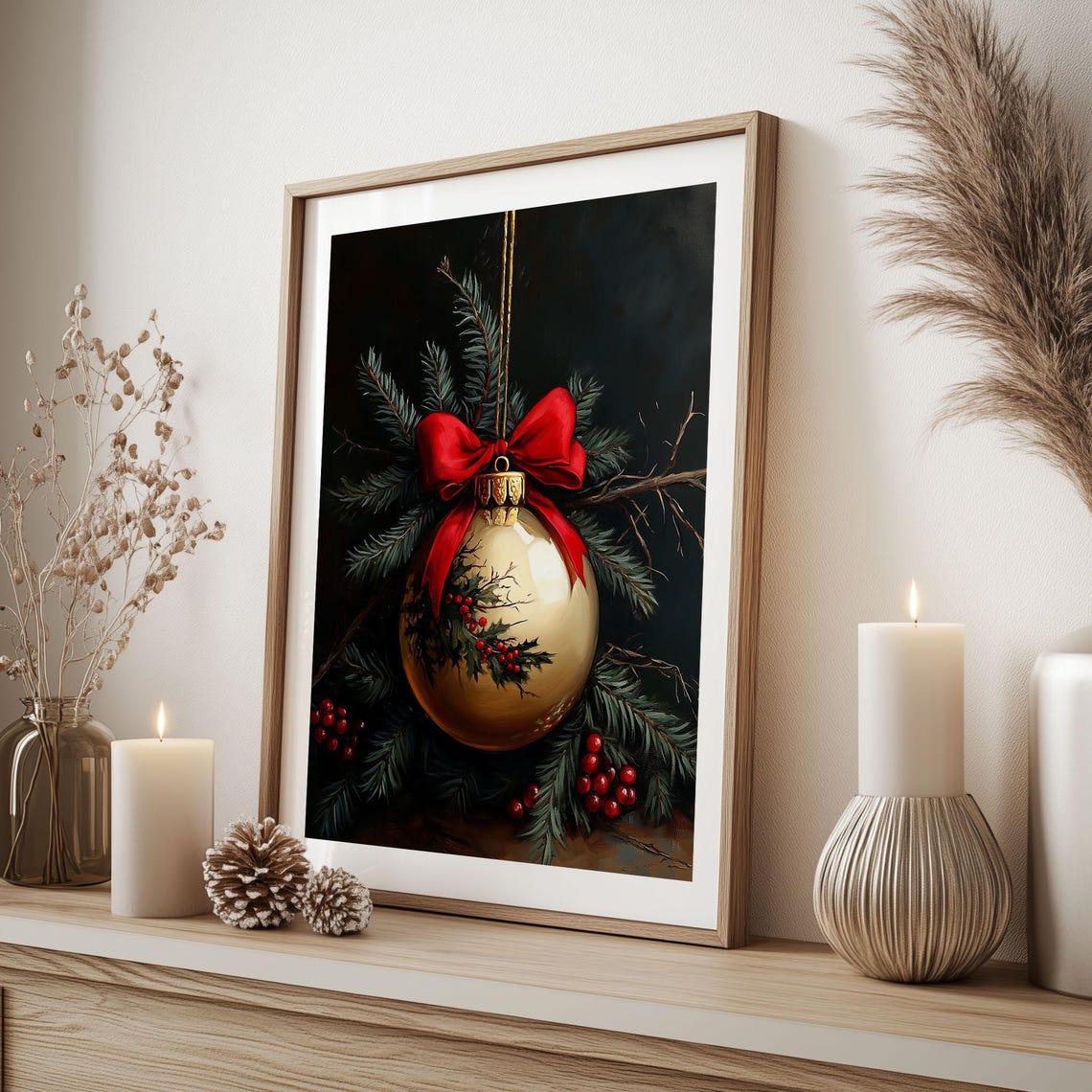 Gold Christmas Ornament With Red Bow Holly Berries Dark Poster - Image 6