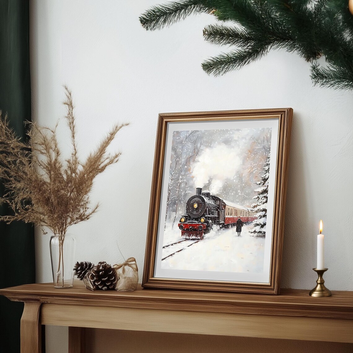 Vintage Steam Locomotive in Snowy Forest Winter Train Painting Poster - Image 3