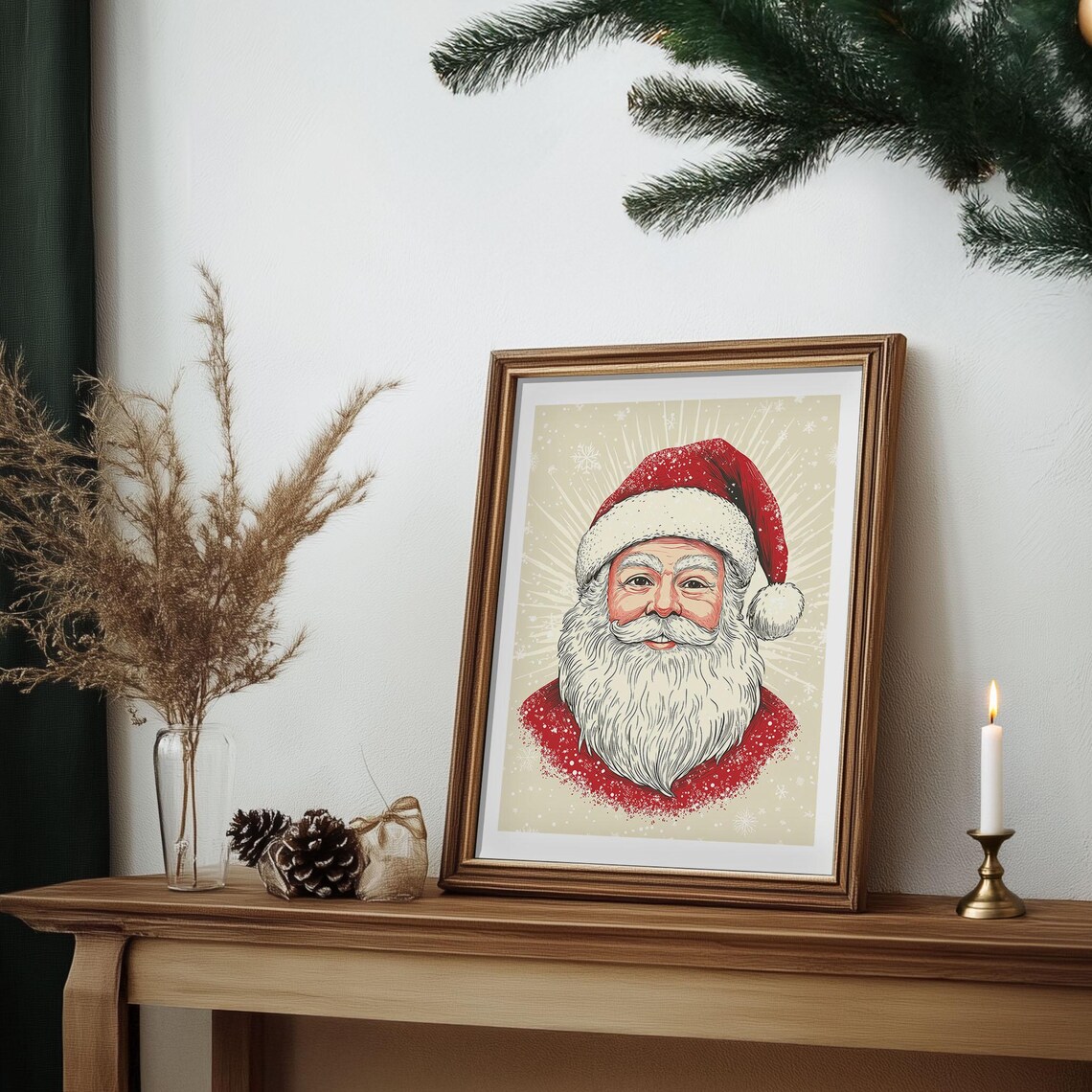 Vintage Santa Claus Portrait With Snowflakes Sunburst Holiday Poster - Image 6