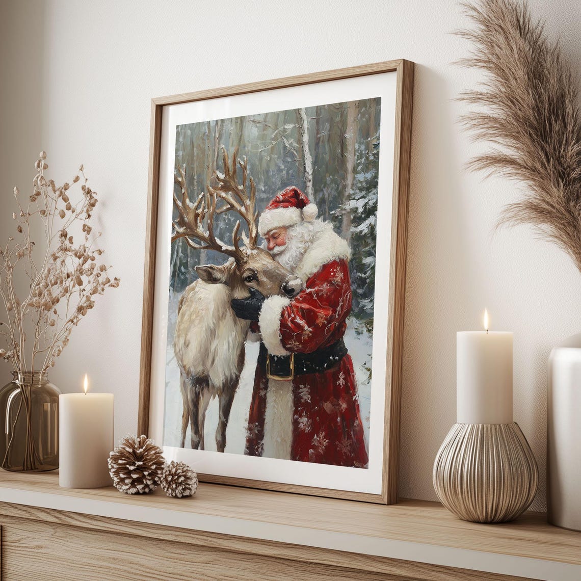 Santa Claus Hugging Reindeer in Snowy Forest Christmas Wall Art - Image 5