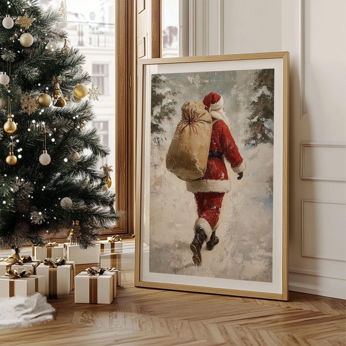 Santa Claus With Full Gift Sack Walking Away Through Snow Poster - Image 2