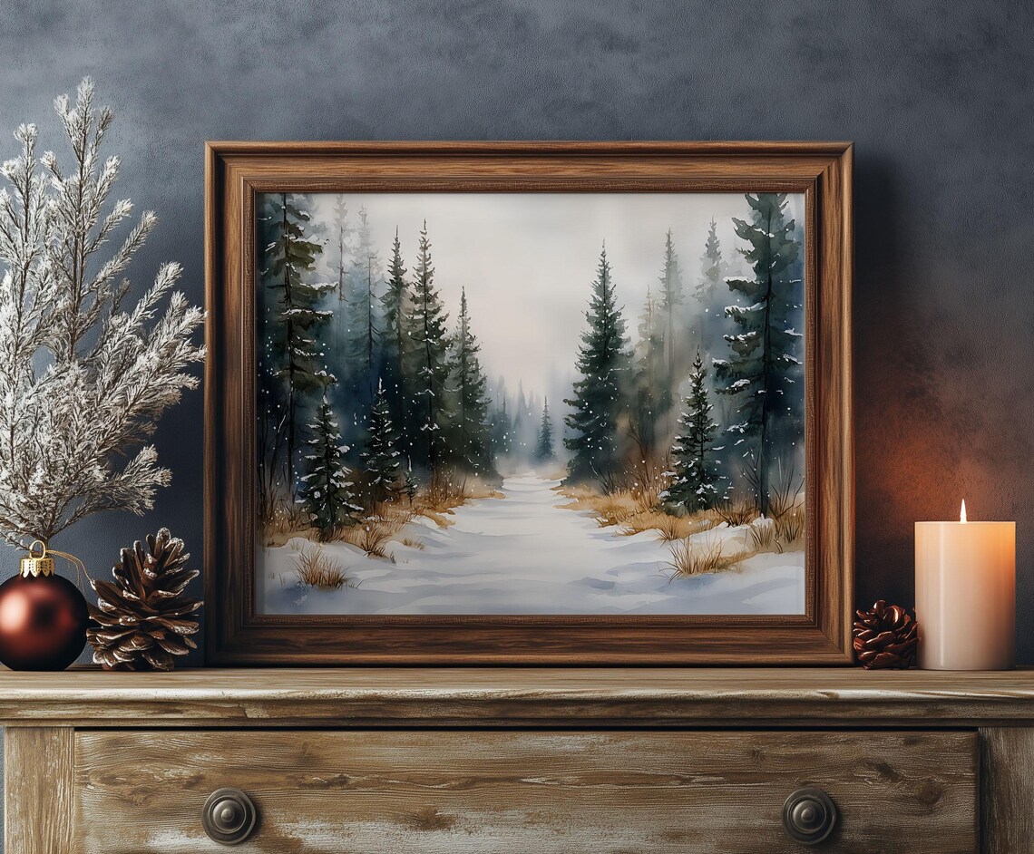 Snowy Pine Forest Path Through Woods Watercolor Winter Landscape Poster - Image 2