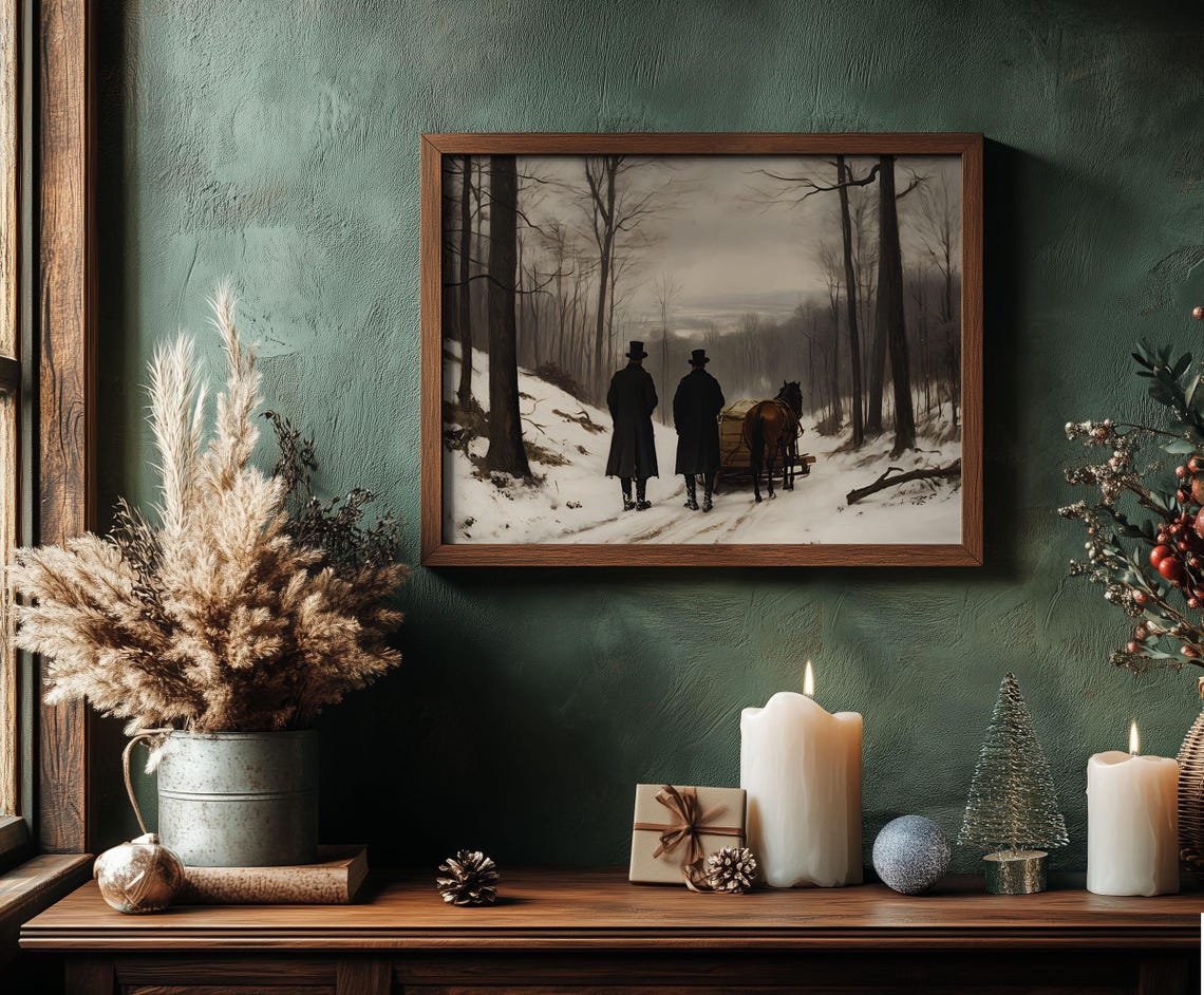 Victorian Gentlemen Horse Sled Snowy Forest Oil Painting Poster - Image 4
