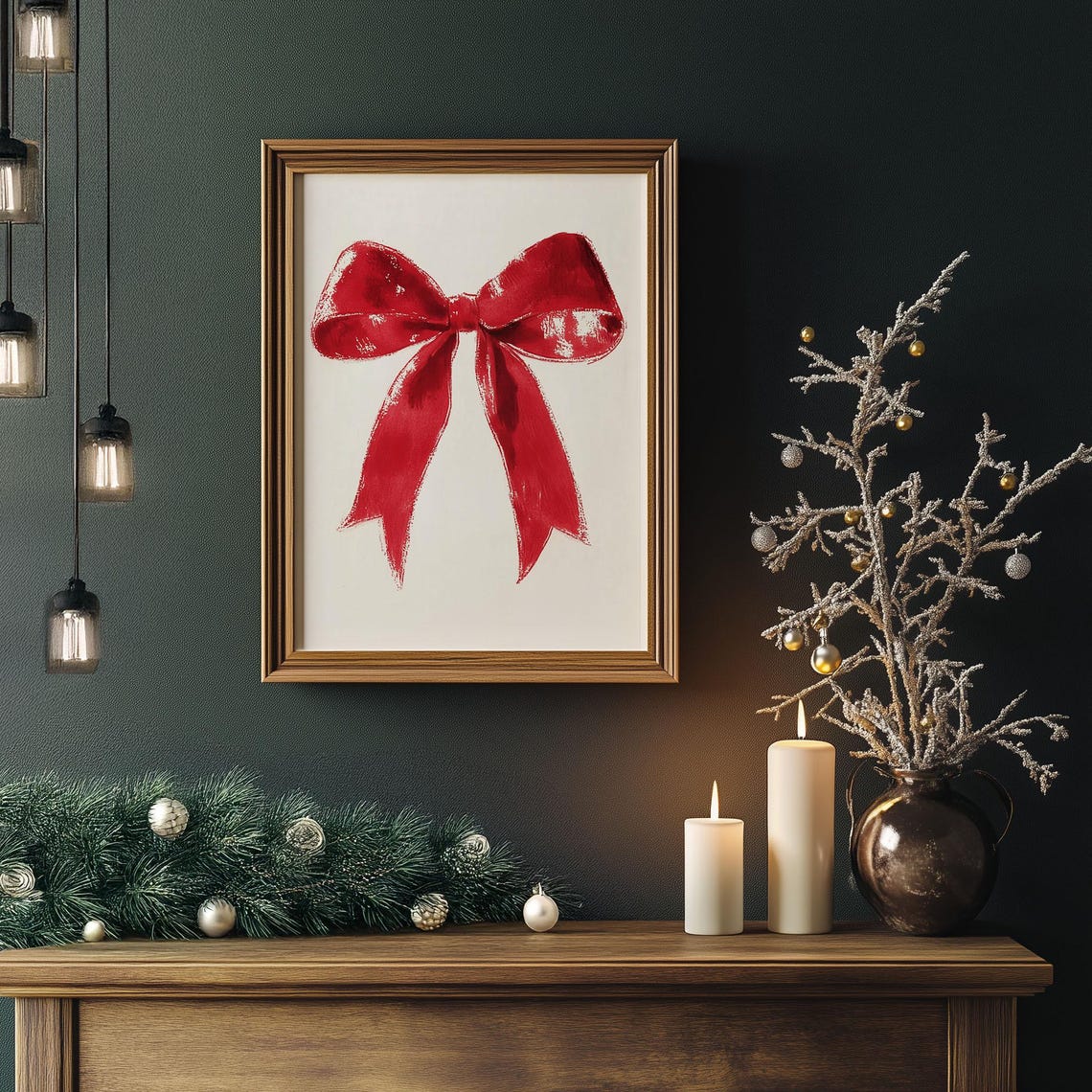 Bright Red Ribbon Bow Watercolor Painting Minimalist Wall Art - Image 4