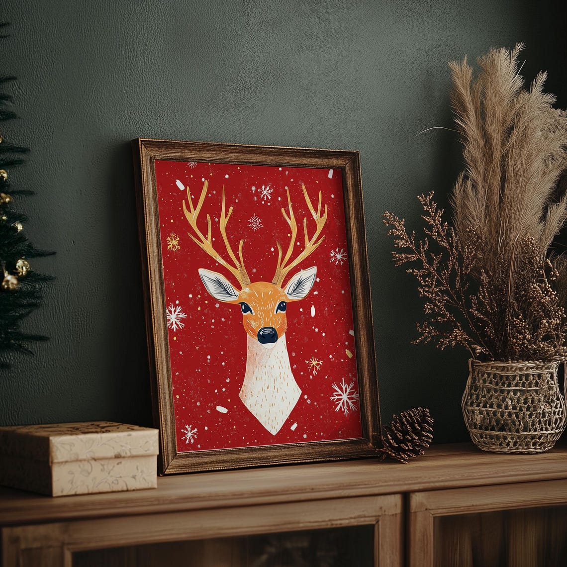 Illustrated Deer Head with Golden Antlers on Red Christmas Poster - Image 7