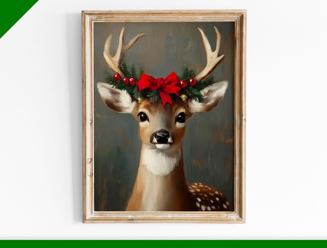 Young Deer Portrait with Christmas Bow Antlers Oil Painting Poster