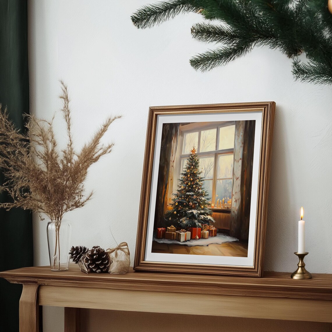 Christmas Tree by Window With Gifts and Candles Oil Painting Poster - Image 6