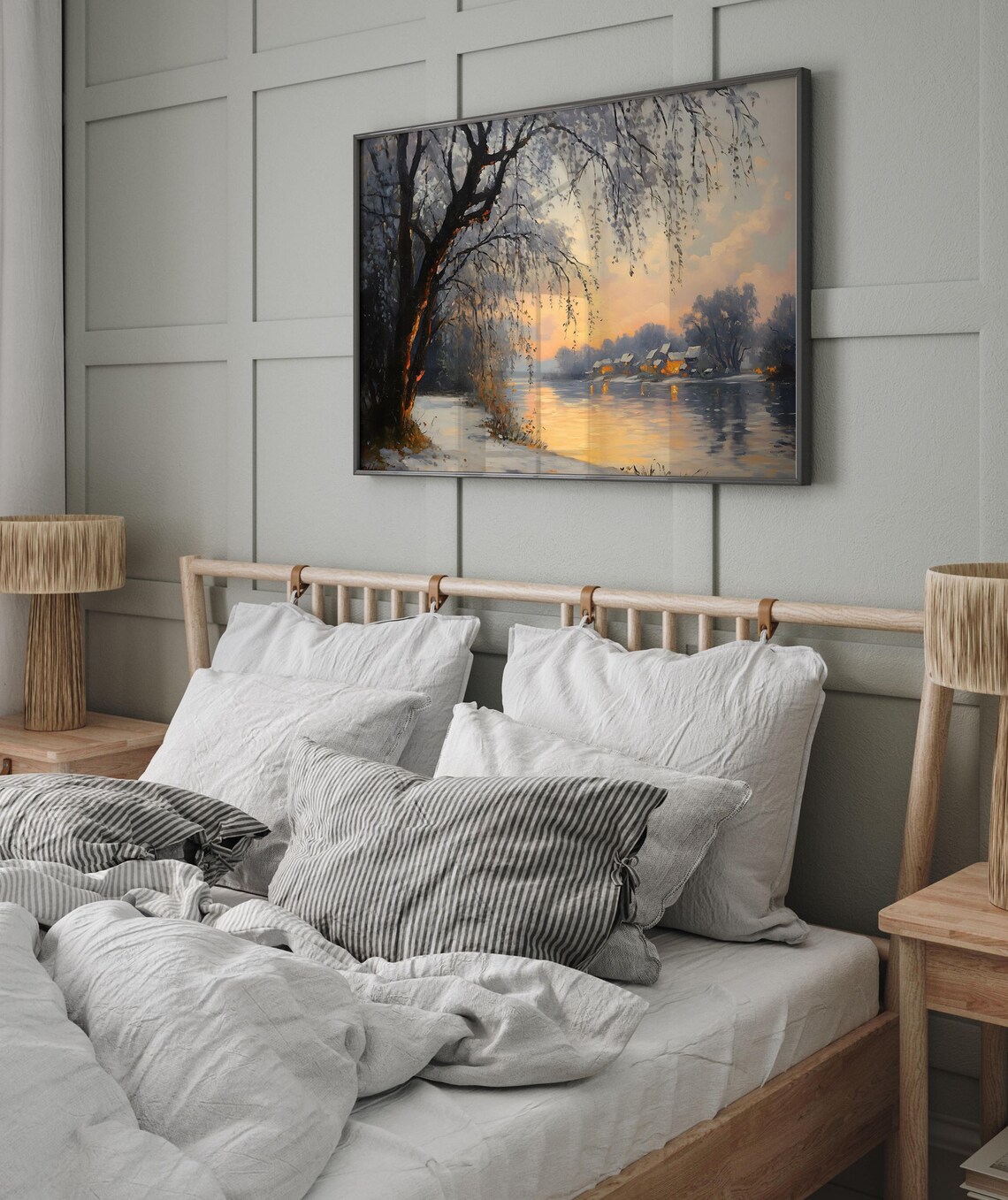 Winter Riverside Sunset Willow Trees Glowing Village Oil Painting Poster - Image 7
