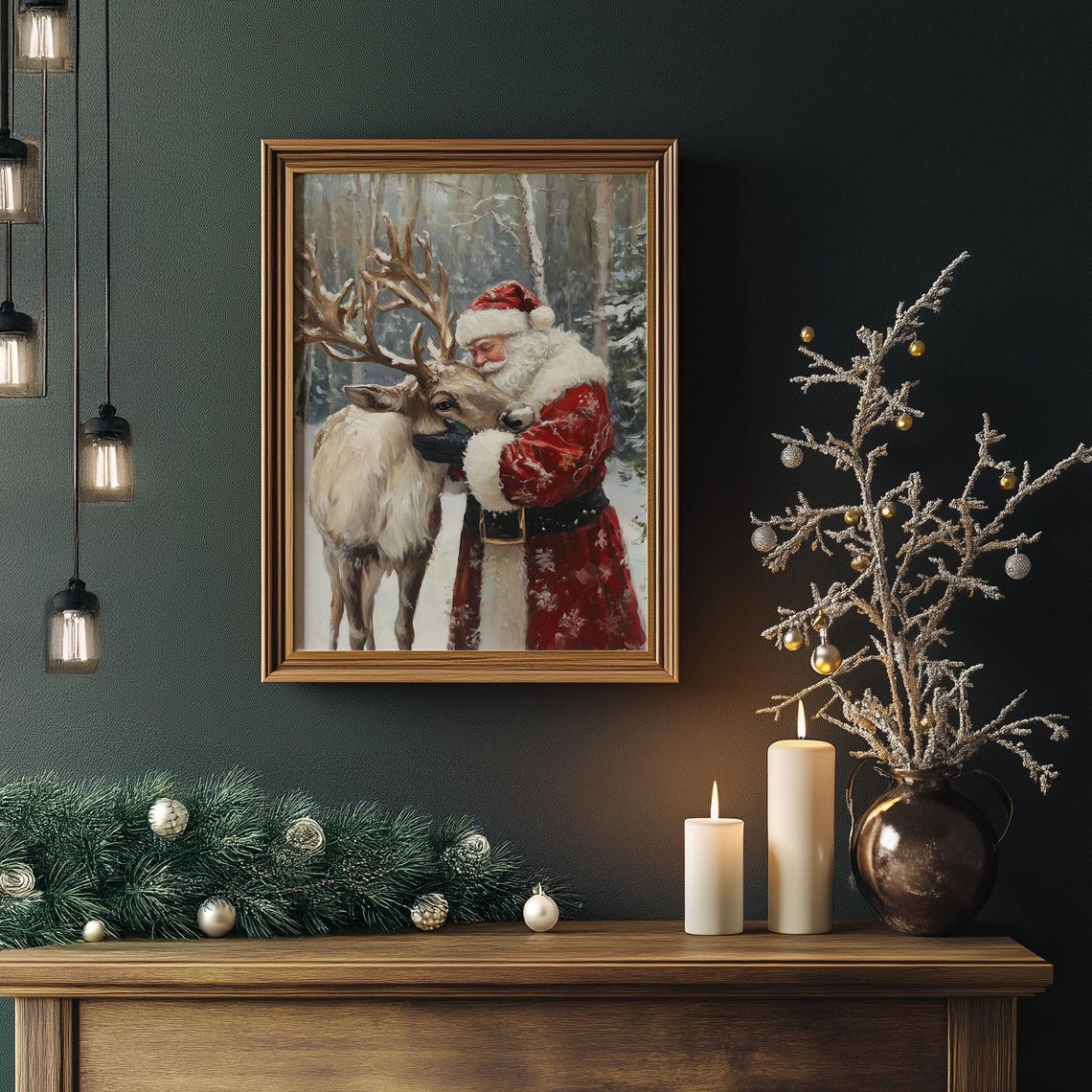 Santa Claus Hugging Reindeer in Snowy Forest Christmas Wall Art - Image 2