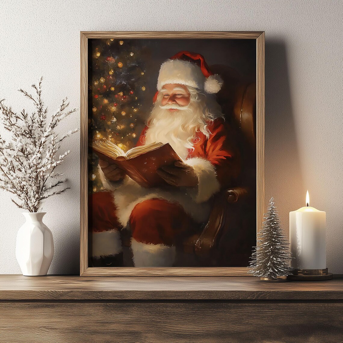 Vintage Santa Reading Book Christmas Tree Cozy Holiday Art Print - Image 3