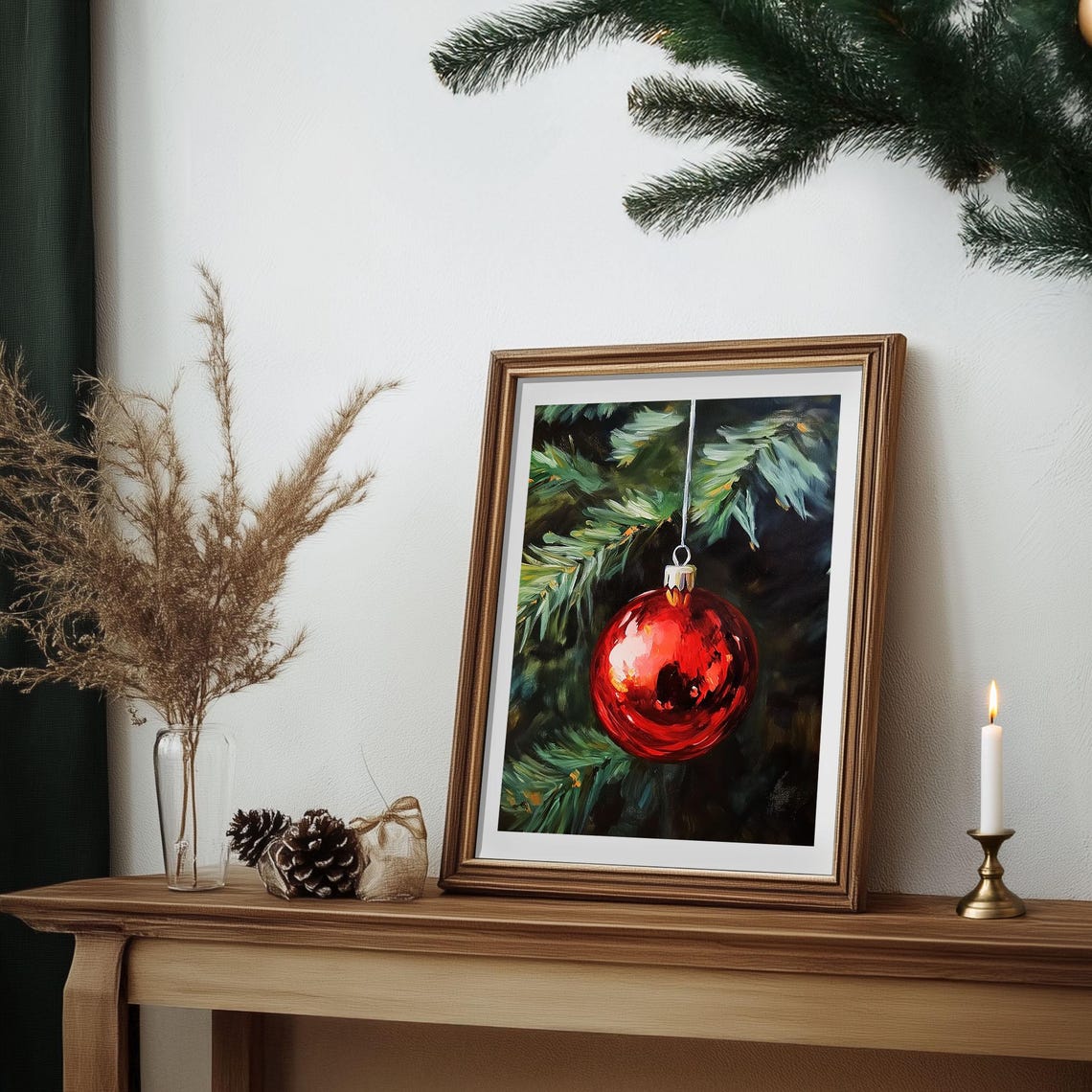 Single Red Bauble on Pine Branch Close Up Christmas Ornament Poster - Image 7